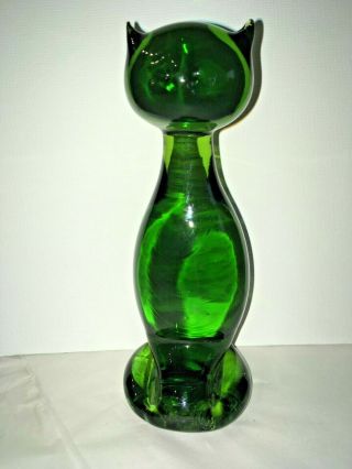 Vintage Viking Art Glass - Avocado Green Hand Made Molten Glass Cat - Mid Century