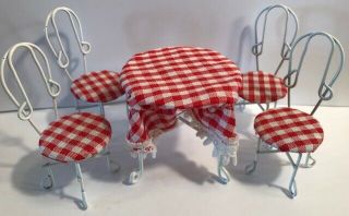 Vintage Miniature Dollhouse Furniture Metal Table Chairs Red Retro Check 1209