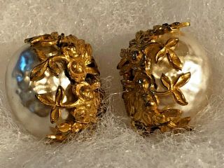 Signed Miriam Haskell Vintage Gilt Metal Faux Baroque Pearls Drop Clip Earrings