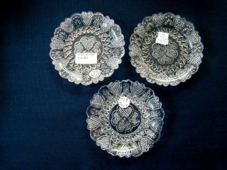 Antique Flint Glass Cup Plate Group Of 3: 425 426 (green Tint) 429; Eapg Lacy