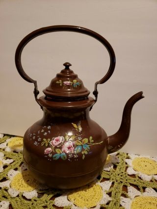Vintage Antique Baked Enamel Hand Painted Flowers Large Teapot Tea Kettle