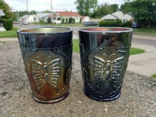 2 Antique Fenton Cobalt Blue Carnival Glass Butterflies And Ferns Drinking Glass