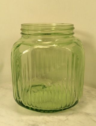 Large Vintage Anchor Hocking Green Depression Ribbed Cookie Jar Canister No Lid