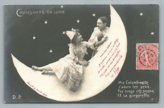 “croissants De Lune” Paper Moon Couple Rppc Antique Paris French Photo 1904