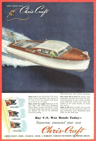 Vintage Color Boat Ad 1945 Chris Craft 22 - Foot Custom Sportsman With Wwii Theme