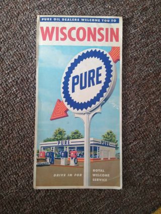 1950s Pure Oil Co.  Road Map Of Wisconsin.  Neat