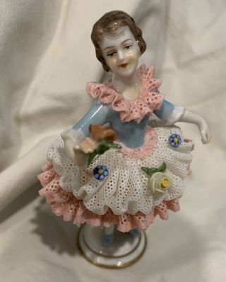 Volkstedt German Porcelain Dresden Lace Ballerina With Flowers 4 " Figurine Euc