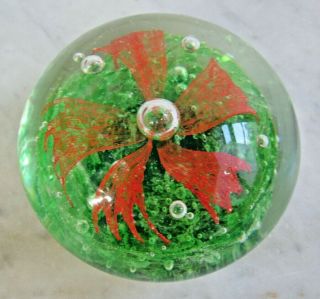 Vintage Art Glass Paperweight Controlled Bubbles Murano Green W/red Flower