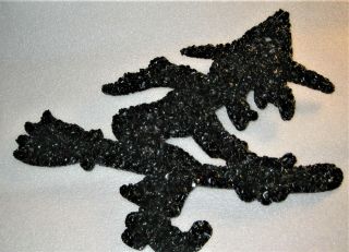 Vintage 12” X 13 " Halloween Melted Plastic Popcorn Flying Witch Wall Hanging