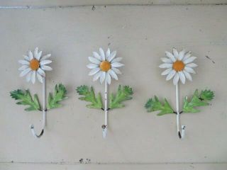 3 Fabulous Old Vintage Italian Tole Hanging Wall Hooks Flowers White Daisies