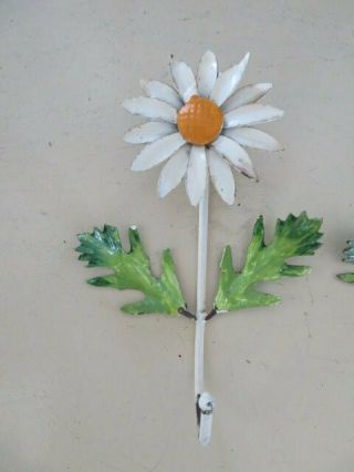 3 FABULOUS Old Vintage Italian Tole HANGING WALL HOOKS Flowers White Daisies 2