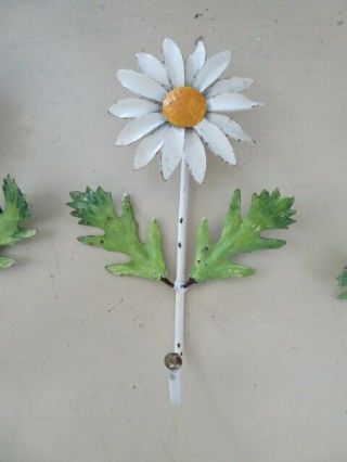 3 FABULOUS Old Vintage Italian Tole HANGING WALL HOOKS Flowers White Daisies 3