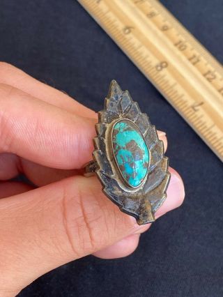 Vintage 1.  5” Native American Navajo Sterling Silver Turquoise Leaf Ring Size 10