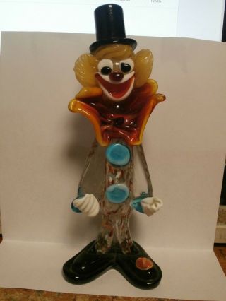 Vintage Murano Multi Color Glass Clown With Yellow Hair,  White Hands 8 - 3/4 Tall