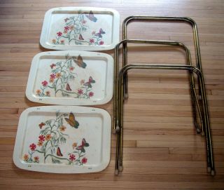 Vintage Mid Century Tv Tray 3 Plastic Tray Gold Metal Legs Stands Butterflies