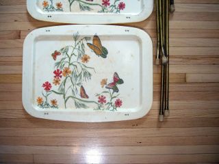 Vintage Mid Century TV Tray 3 Plastic Tray Gold Metal Legs Stands Butterflies 2