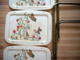 Vintage Mid Century TV Tray 3 Plastic Tray Gold Metal Legs Stands Butterflies 3