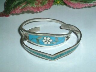 Pair Vintage Mexican Alpaca Silver Turquoise Childs Girls Bracelets In Gift Box