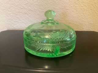 Vintage Green Depression Glass Etched Design 3 Divided Candy/nut Dish With Lid