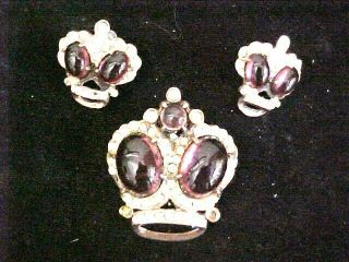 Vintage Large Sterling Silver Coronation Crown Brooch Amethyst - Earrings
