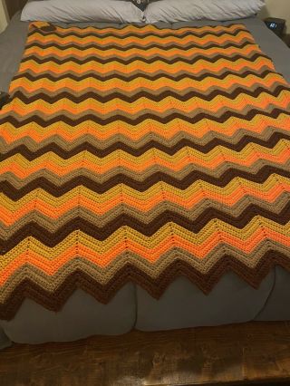 Vintage Afghan Blanket Crochet Chevron Ripple Retro 70s Brown Orange Handmade