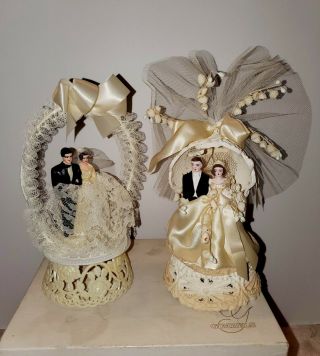 Vintage 1950s Gimbels Wedding Cake Toppers,  Dark - Haired Brunnette Bride Groom