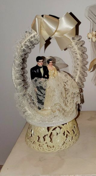 Vintage 1950s Gimbels Wedding Cake Toppers,  Dark - Haired Brunnette Bride Groom 2