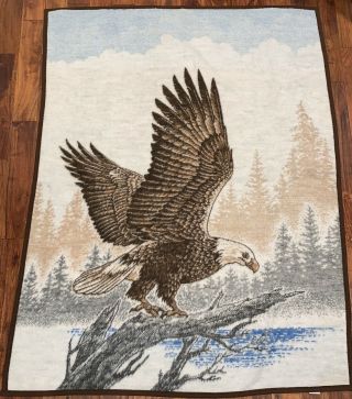 Vintage Biederlack Eagle Blanket Reversible Brown Blue Throw 72x52 Made In Usa