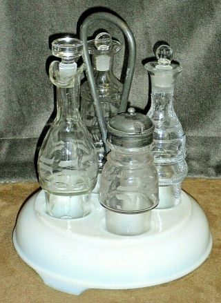 Vintage Pyrex Glass Cruet Set 4 Clear Etched Bottles With White Caddy Base