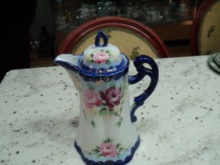 Vintage Nippon Hand Painted Chocolate Pot Blue With Flowers