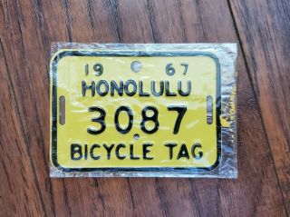 Vintage 1967 Honolulu,  Hawaii Bicycle Tag License Plate Bike No.  3087 In Plastic