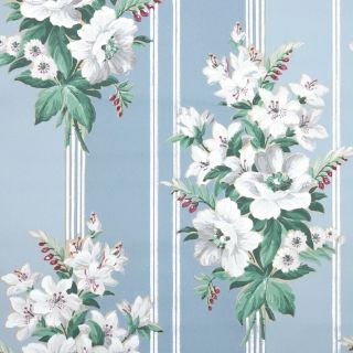 1940s Floral Vintage Wallpaper Large White Flower Bouquets On Blue Stripes