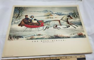 Vtg The Road Winter Currier Ives Print Lithograph 4890 N Currier 13.  5 " X 17.  75 "