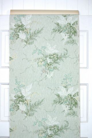 1950s Botanical Vintage Wallpaper Green and Metallic Gold Leaves w/ Teal Flowers 2