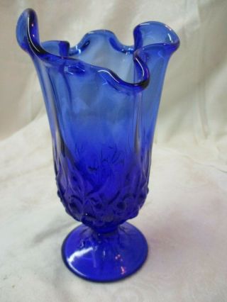 Vintage Fenton Art Glass Cobalt Blue Handkerchief Vase Lily Of The Valley