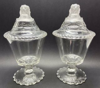 Set Of 2 Antique Eapg Gillinder & Sons Frosted Glass Lion Head Covered Compotes
