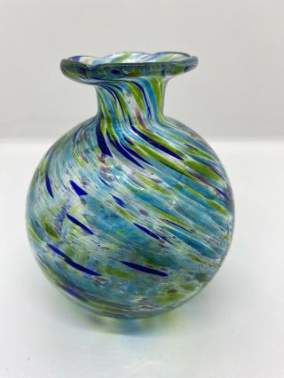 Vintage Hand Blown Multi Color Swirl Art Glass Vase 5.  5”