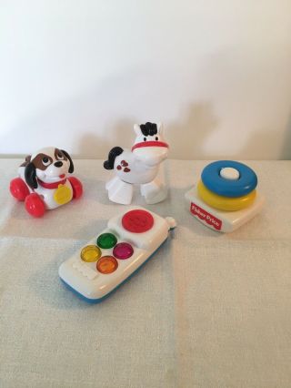 4 Vintage 1996 Miniature Fisher Price Toys Phone Doughnut Stacker Dog And Horse