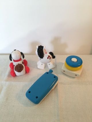 4 Vintage 1996 Miniature Fisher Price Toys Phone Doughnut Stacker Dog And Horse 2
