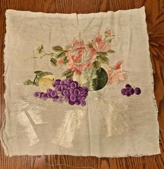 Antique Silk - Hand Embroidered Floral Square Linen Piece 19.  5”x20 " Long Stitche