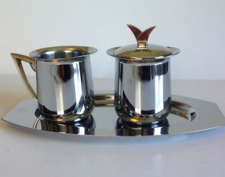 Vintage Stainless Cream And Sugar With Gold Tone Handles And Stainless Tray