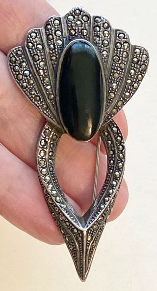 Large Vintage Art Deco Design Sterling Silver Marcasite Black Onyx Brooch Pin