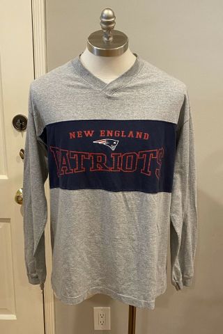 Vintage England Patriots Long Sleeve T Shirt Sz Large V - Neck Mens Gray Nfl
