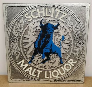 Schlitz Malt Liquor Silver Vintage Sign Blue Bull 1975 Plaque