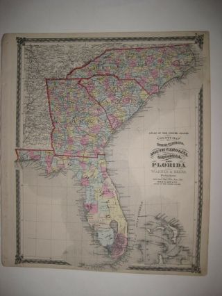 Huge Antique 1875 Florida North South Carolina Georgia Handcolored Map Railroad