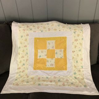 Handmade Yellow Flowers Quilted Vintage Baby/childs Blanket W/ Bunnies