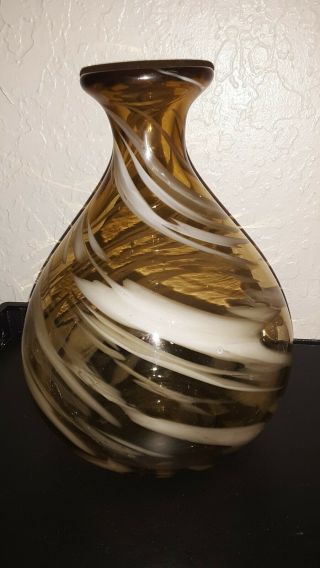 Vintage Art Glass Hand Blown Amber With White Swirls Teardrop Shaped Vase