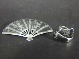 2 Vintage Siam Sterling Silver Niello Fan Brooch Pin & Wrap Around Ring Size 7