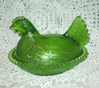 Vintage Indiana Glass Green Chicken Hen On Nest