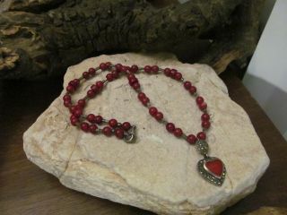 Vintage 925 Sterling Silver Red Coral Marcasite Stone Heart Beaded Necklace 17g